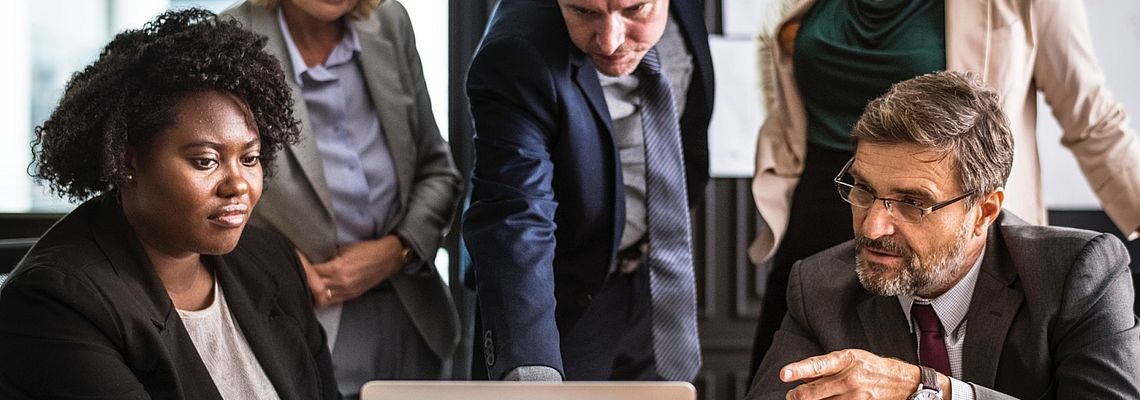 Mixed group of business people in front of a laptop