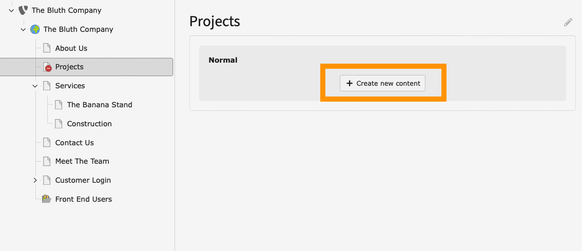 Ein Screenshot des TYPO3-Seitenmoduls mit einer ausgewählten Seite und der hervorgehobenen Schaltfläche "Neuen Inhalt erstellen".