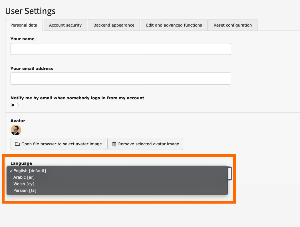 Ein Screenshot des Moduls "Benutzereinstellungen" mit einer Dropdown-Liste, die vier zusätzliche Sprachen anzeigt, die dem Benutzer zur Verfügung stehen. Darunter Walisisch, Arabisch und Persisch.