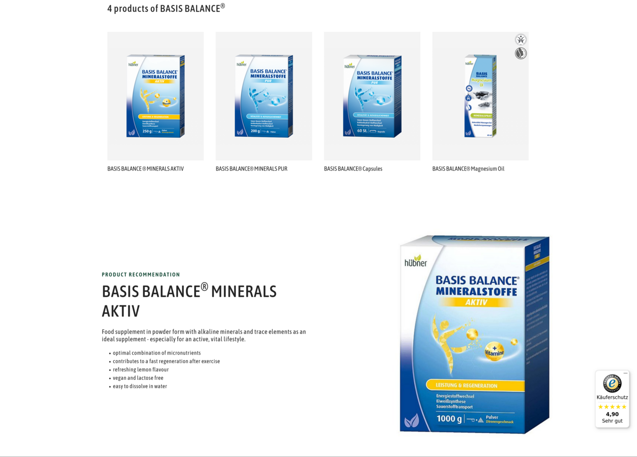 Product listing pre-filtered by brand four teasers presenting product of the brand, below a bigger product recommendation with left text and image right side