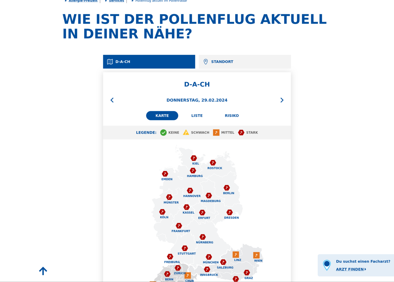 Pollen forecast as health service on https://allergie-freizeit.de Screenshot of a map of germany, switzerland and austria, segmented into its federal states, with each an icon applied to it that color codes the amound of allergics that pollute the air currently. On top is a filter form that allows to zoom into a desired area or drill down on the kind of pollen