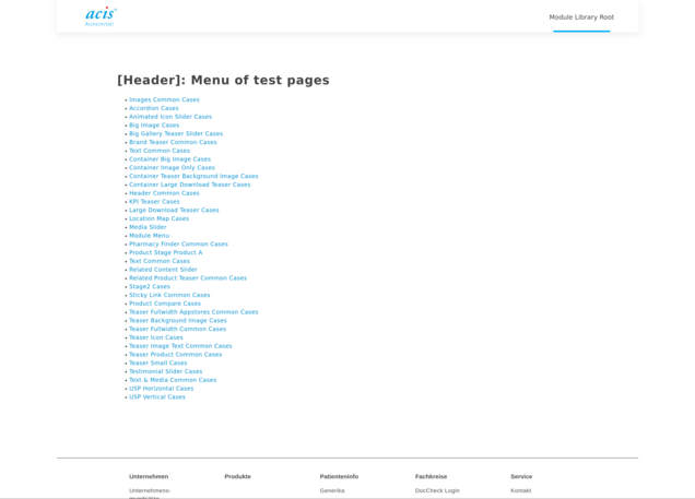 Result of Module Generator action for site acis rontend View of site acis, displaying the subpage menu of the Module Library, which has been created using the Module Generator Backend Module