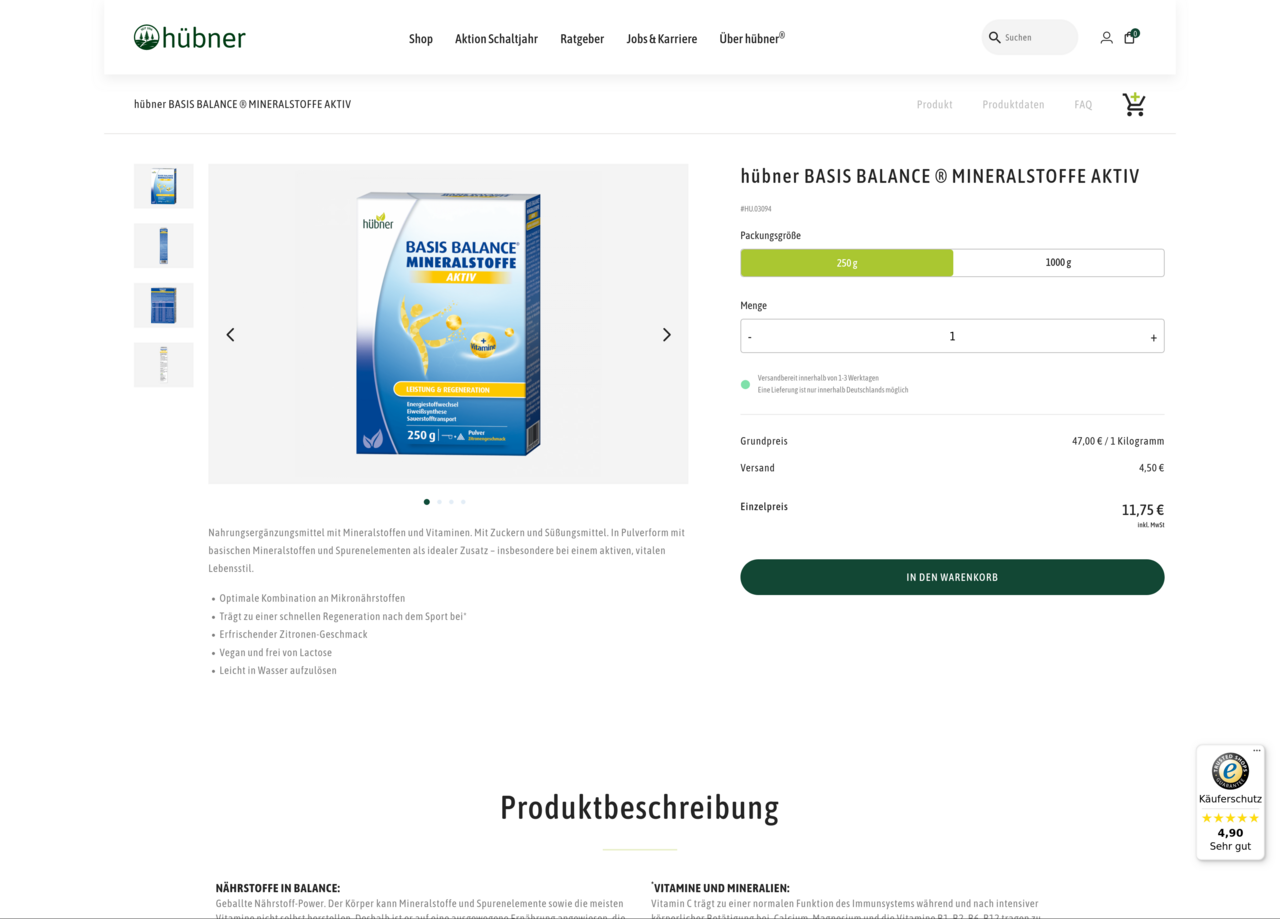 Product Information and Buying Options for a single product left side product images as a gallery, with the biggest one showing the product in front presentation right side information about the product like package size, PZN and prize and options to display different variants of the product. Prominent buy button to put the product into the cart