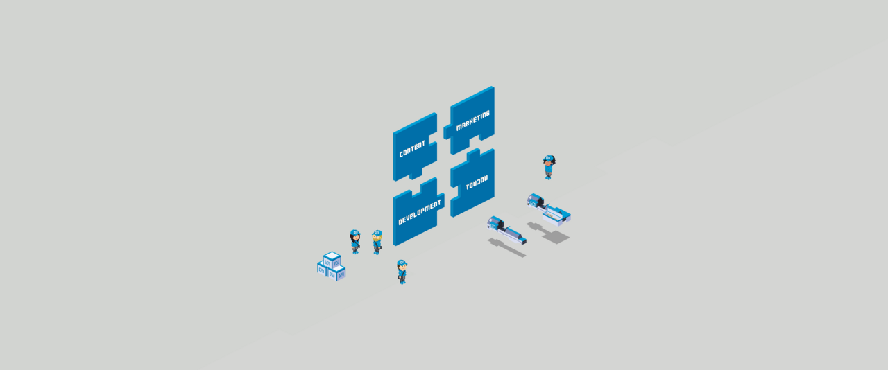 Pixel people dressed in blue stand next to four oversized blue puzzle pieces showing typical agency services.