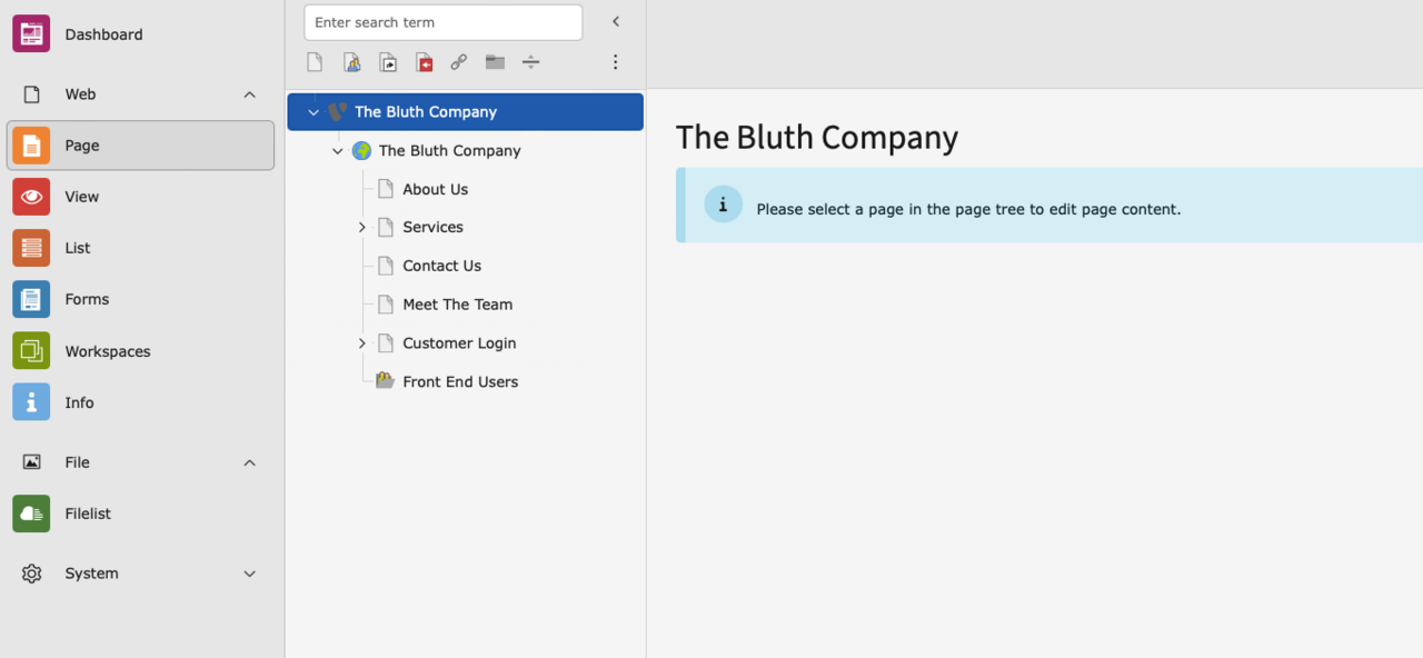 Ein Screenshot des Seitenmoduls von TYPO3 mit einer Liste von Seiten im Seitenbaum