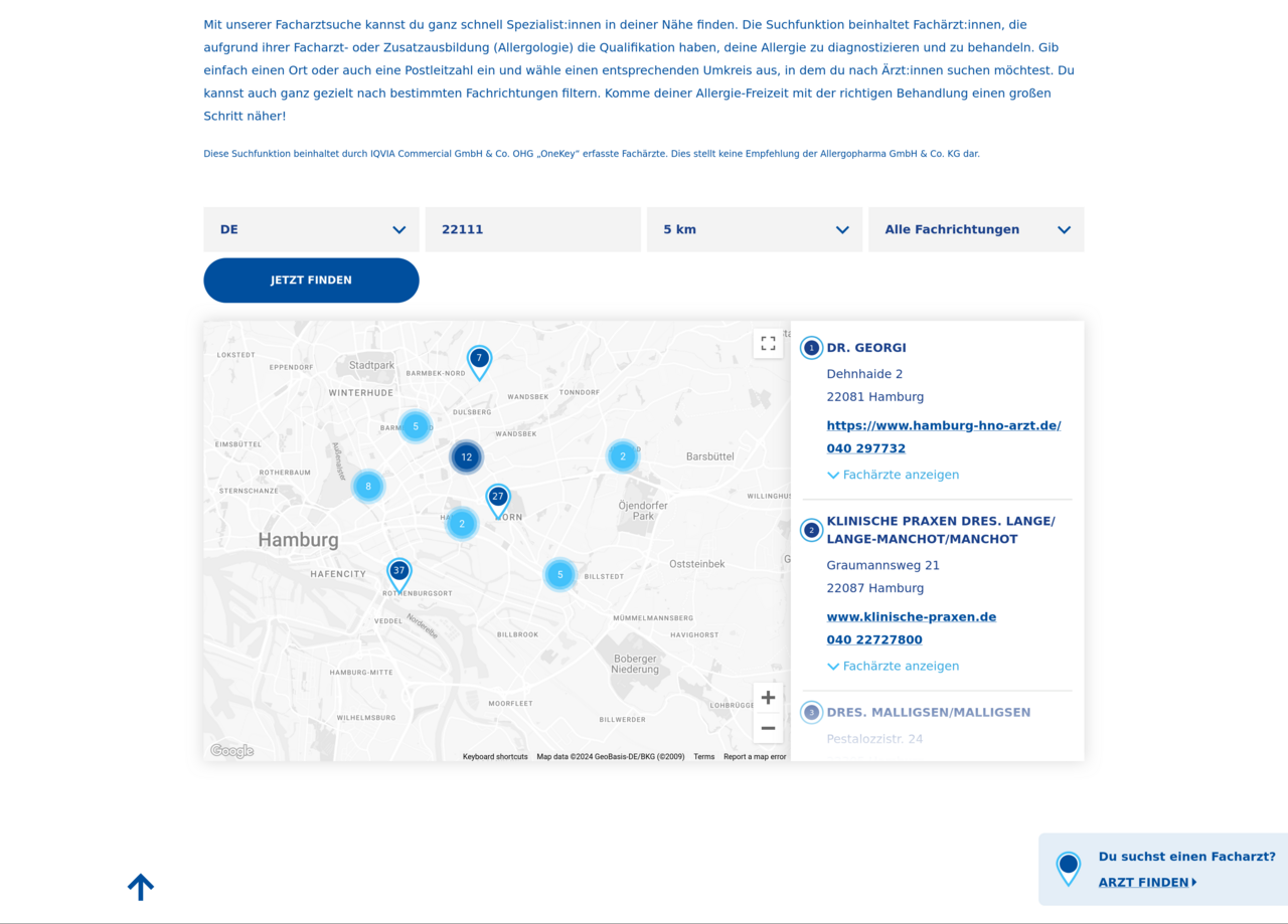Find a doctor as health service on https://allergie-freizeit.de A map in the region around Hamburg, displaying several icons indicating doctors or medical facilities. On the right hand side, details are displayed for each icon.