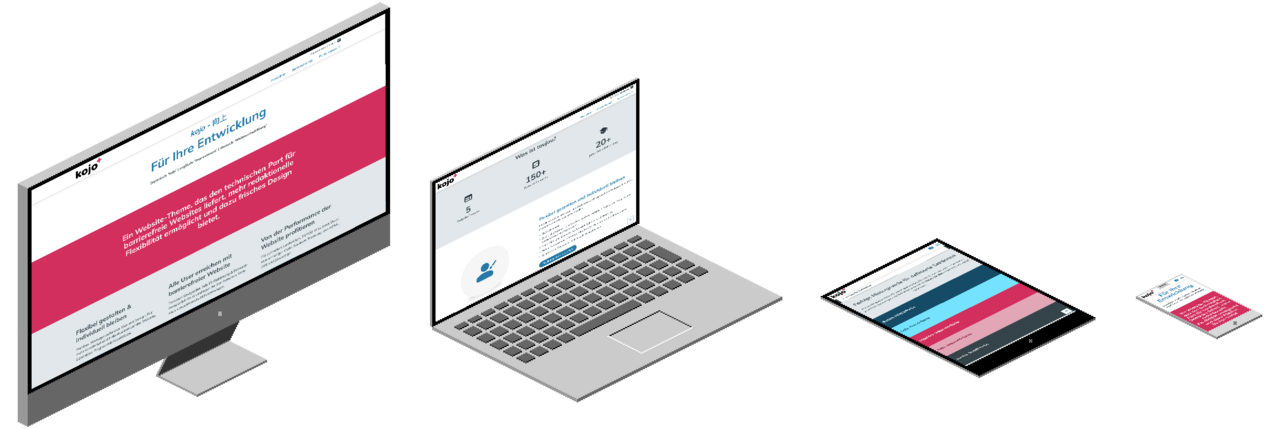 Different end devices from widescreen to smartphone each show the meet-kojo website with bright colors.