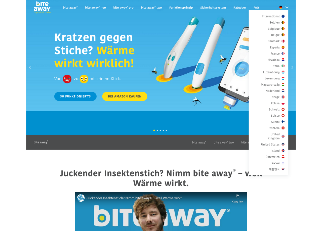 Multilanguage Site setup managed as single tree Screenshot of the upper part of the homepage oft bite-away.com, with the LanguageMenu expanded in the right side of the stage. It displays 25 entries