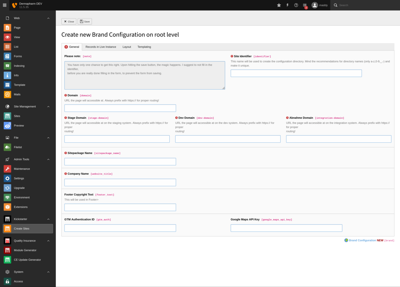 Input form of the builder to create a new site with a couple of clicks Backend Module Kickstarter opened at the input form, first of three tabs, displaying input fields for domain and basic information for a new site within the multisite instance.