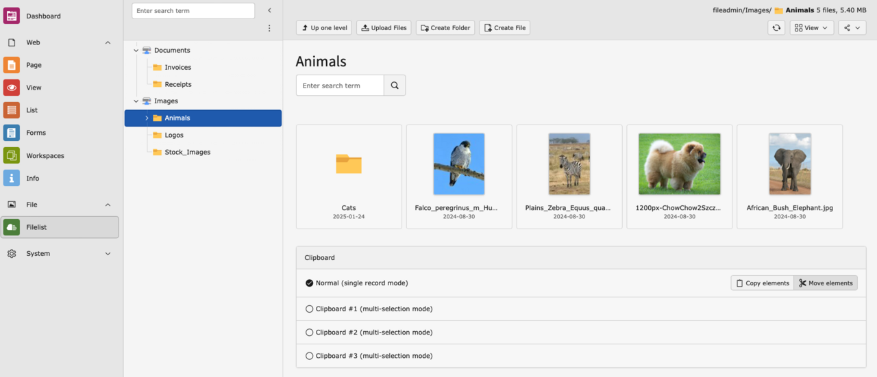 Screenshot des Moduls Dateiliste von TYPO3 mit einer Auswahl von Tierfotos im Verzeichnis Animals