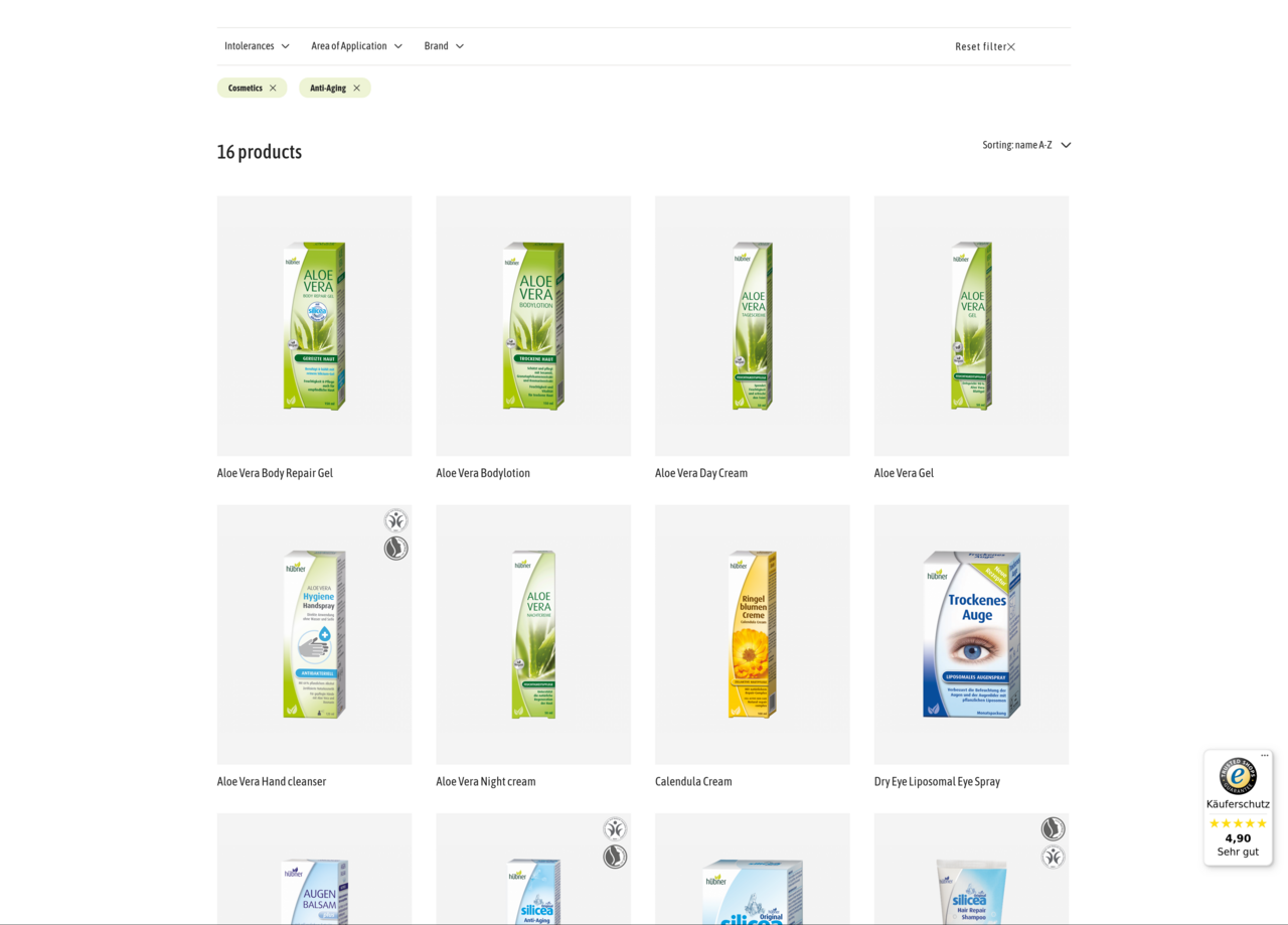 english product catalog listing on top the filter and sorting options for the products presented below below the teaser for the products matching the selected filter criteria no prices are given here, as in english no buying option is present