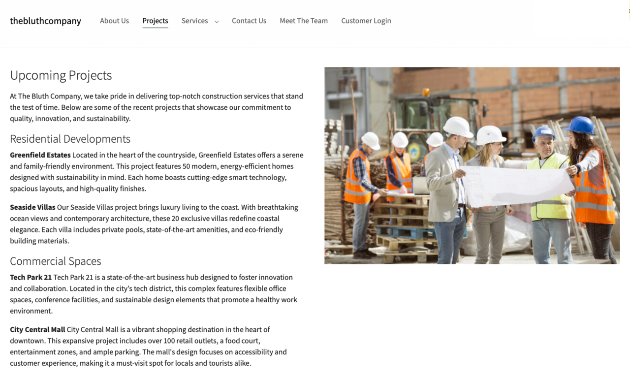 Screenshot des Frontends, der die neue Projektseite mit einem Beispieltext und einem Bild daneben zeigt