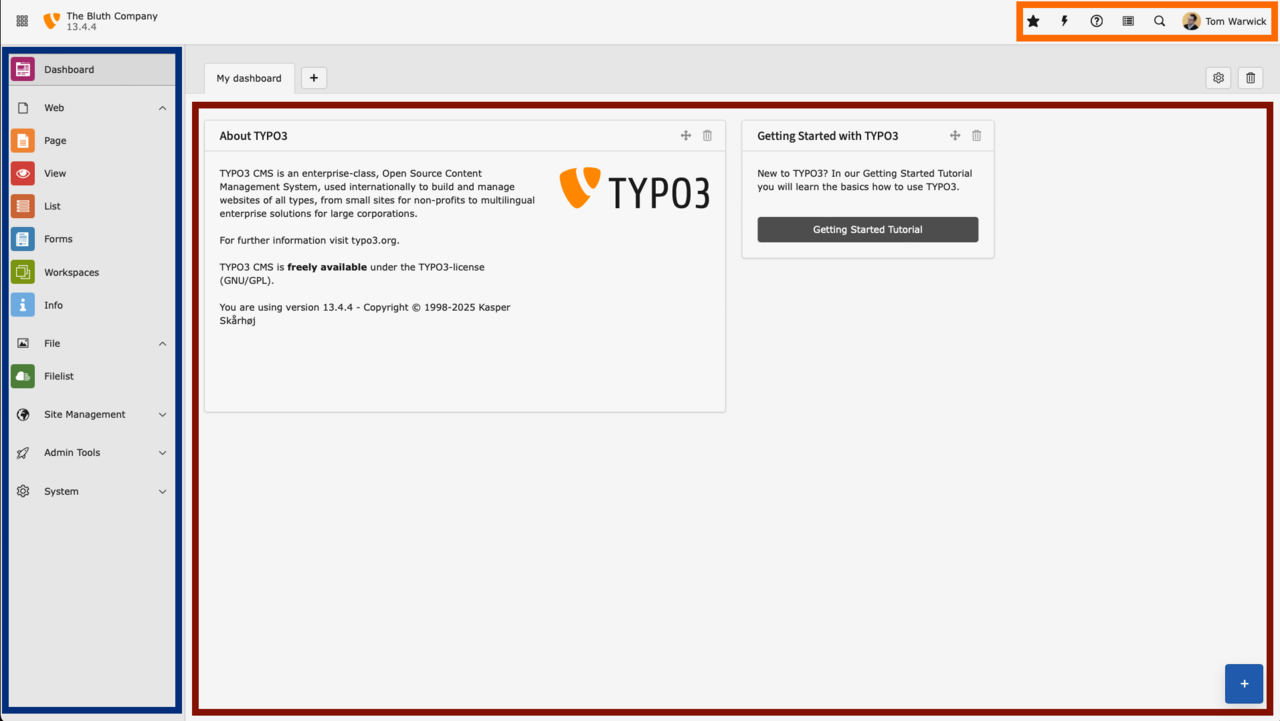 Ein Screenshot des Backends von TYPO3 mit drei hervorgehobenen Bereichen. Die Top-Leiste, das Modulmenü und der Arbeitsbereich.