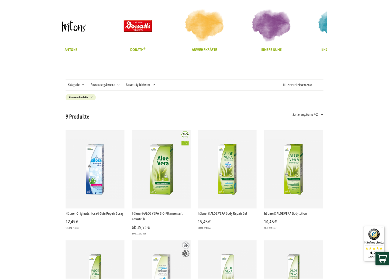 Shop Listing of Products in german site On top, a revolving slide of shortcut links to preselect brand sites then the filter and sorting options for the products presented below below the teaser for the products matching the selected filter criteria