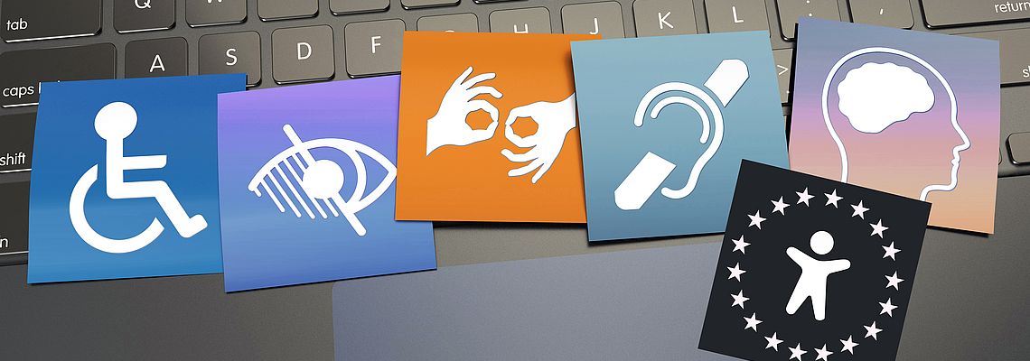 Header Accessibility EAA Icons representing different types of disabilities—including physical, visual, auditory, cognitive, and general accessibility—displayed over a computer keyboard.