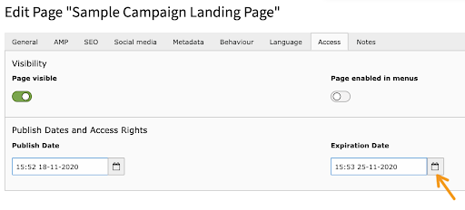 Screenshot pointing out Calendar selector for the expiration date